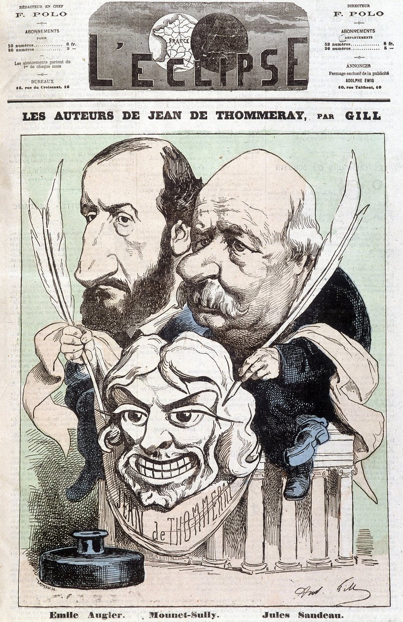 صورة لإميل أوجير (1820-1889) وجول سانديو (1811-1883) ، مؤلفا مسرحية بعنوان "جان دي بوميراي" ، حاملين قناعًا يصور وجه الممثل الكوميدي مونيه سولي (جان سولي مونيه ، مونيه سولي بواسطة أندرو جيل