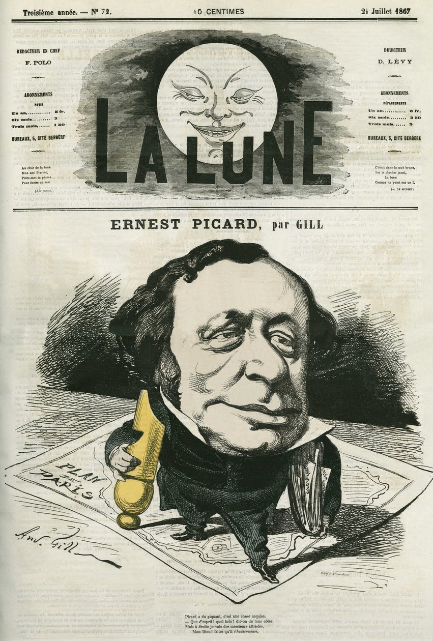 صورة شخصية لإرنست بيكار (1821-1877) ، صحفي ومحامي فرنسي. كارتون جيل ، في "La Lune" ، 21 يوليو بواسطة أندرو جيل