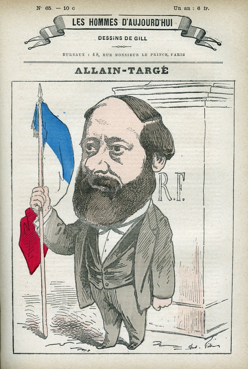 صورة لفرانسوا ألين تارج ألين تارج (1832-1902) ، محامٍ وقاضٍ وصحفي وسياسي فرنسي ، وكان وزيراً للداخلية ووزيراً للمالية في حكومة غامبيتا. كارتون جيل ، باريس. بواسطة أندرو جيل