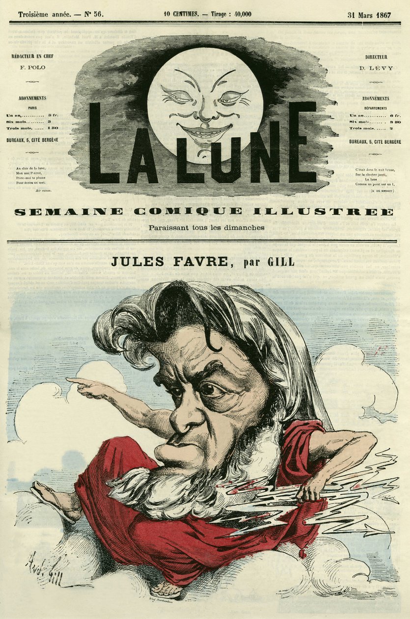 صورة لجول فافر (1809-1880) ، محامٍ وسياسي فرنسي. كارتون جيل ، في "القمر" ، 31 مارس بواسطة أندرو جيل