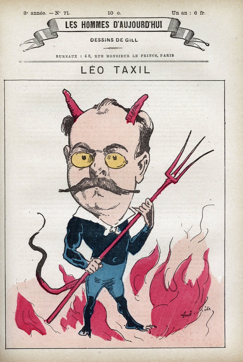 Portrait of Leo Taxil (1854-1907), French writer and author of a famous hoax that piegate the Pope and the eveques of France. Cartoon by Gill, Paris. بواسطة أندرو جيل