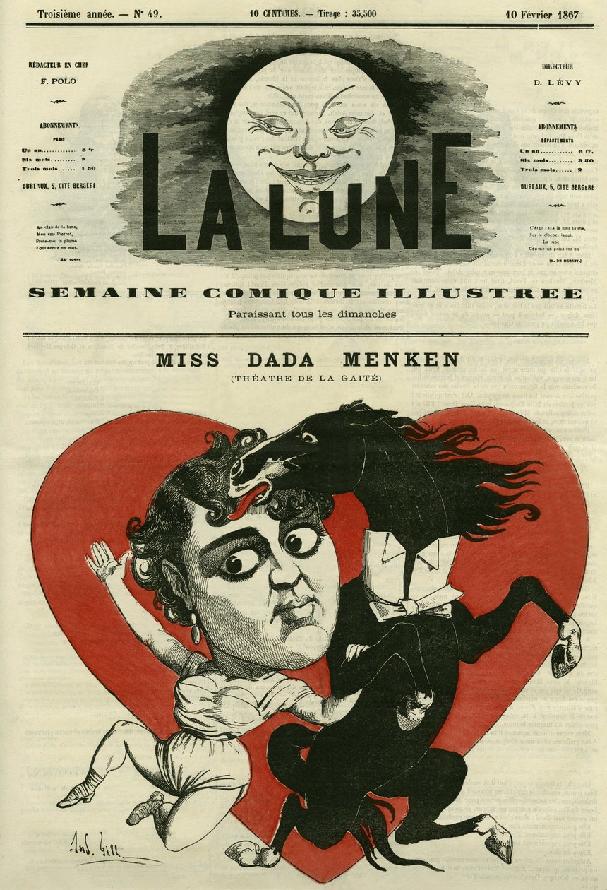 صورة للآنسة Adah-Isaacs Menken ، مغنية في مسرح de la Gaite في باريس. كارتون جيل ، في "القمر" ، 10 فبراير بواسطة أندرو جيل