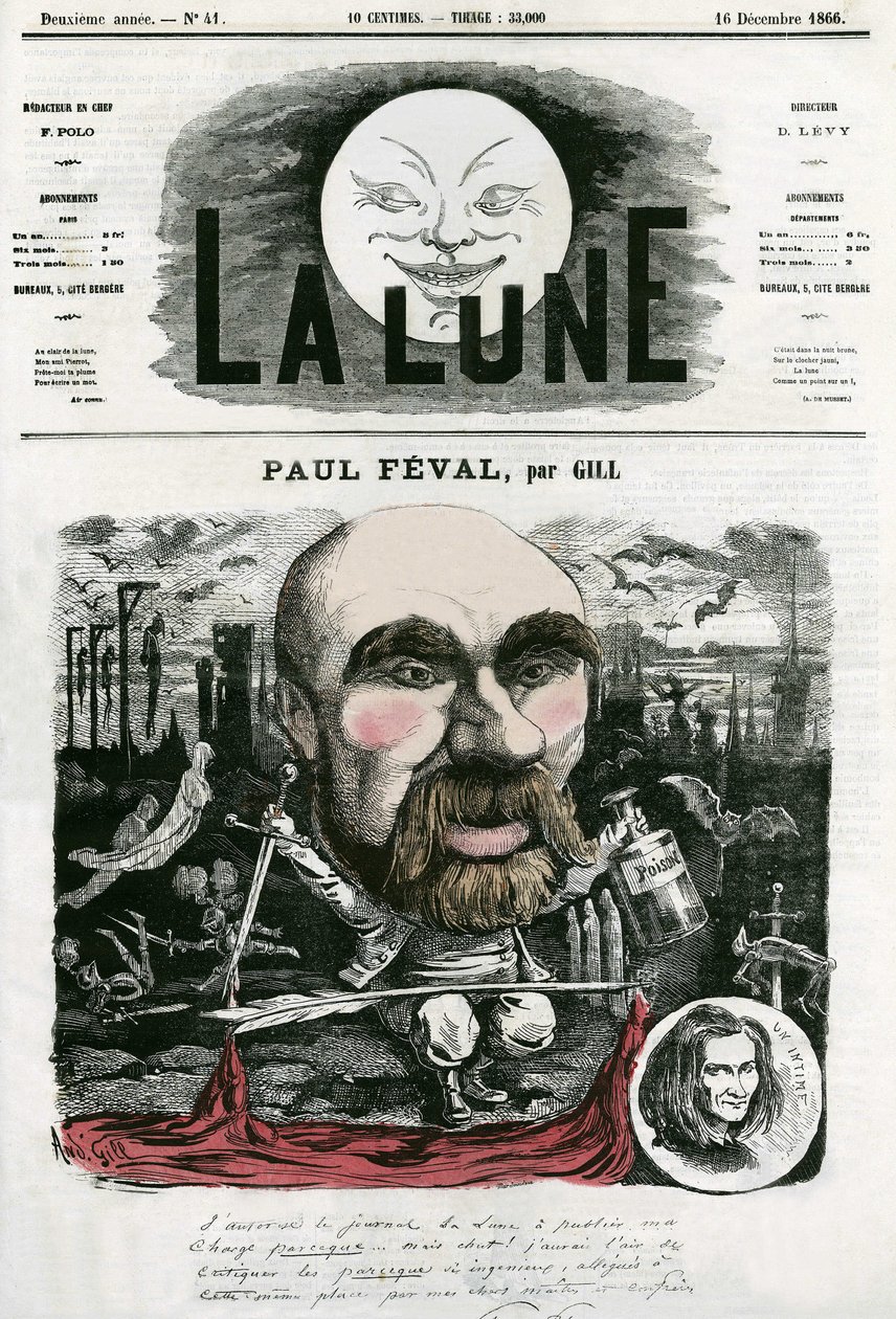 صورة لبول فيفال (١٨١٦-١٨٨٧) ، كاتب فرنسي. رسم كاريكاتوري لجيل ، في "La Lune" ، 16 ديسمبر بواسطة أندرو جيل