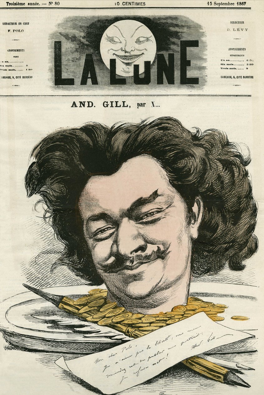 صورة شخصية للويس ألكسندر جوسيه دي غوينيس أندريه جيل (1840-1885) ، رسام كاريكاتير فرنسي ورسام كاريكاتير. كارتون جيل ، في "القمر" ، 15 سبتمبر بواسطة أندرو جيل