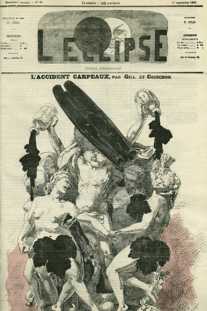 حادث Carpeaux ، رسم توضيحي لـ "La Danse" لـ Jean-Baptiste (Jean Baptiste) Carpeaux ، وهو تمثال لأوبرا Garnier تم انتقاده بشدة لدرجة أنه تم إلقاء زجاجة حبر عليه. الغلاف في "L'Eclipse" بقلم جيل وكوينشون بواسطة أندرو جيل