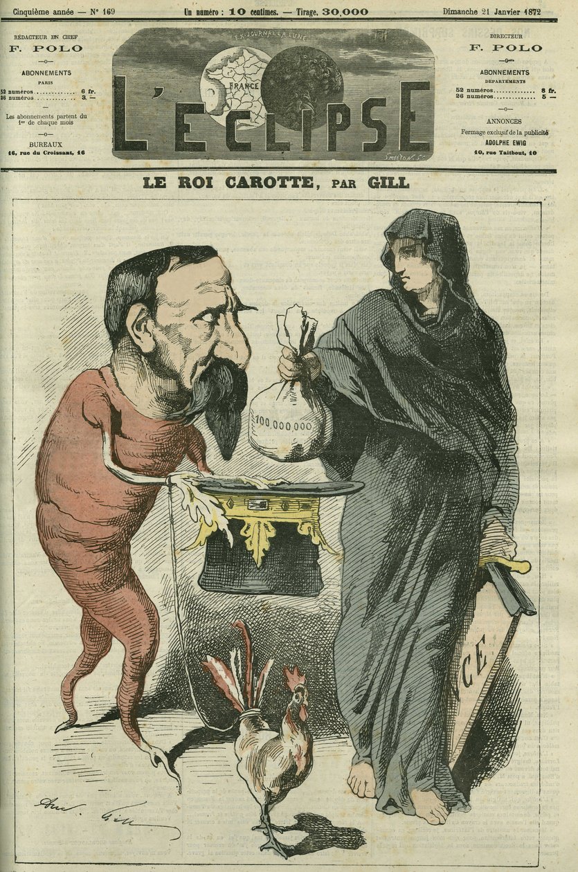 ملك الجزر ، نابليون الثالث (1808-1873) ، رئيس الجمهورية وإمبراطور فرنسا حتى هزيمة سيدان في عام 1870. الغلاف في "L'Eclipse" بقلم جيل ، 21 يناير بواسطة أندرو جيل