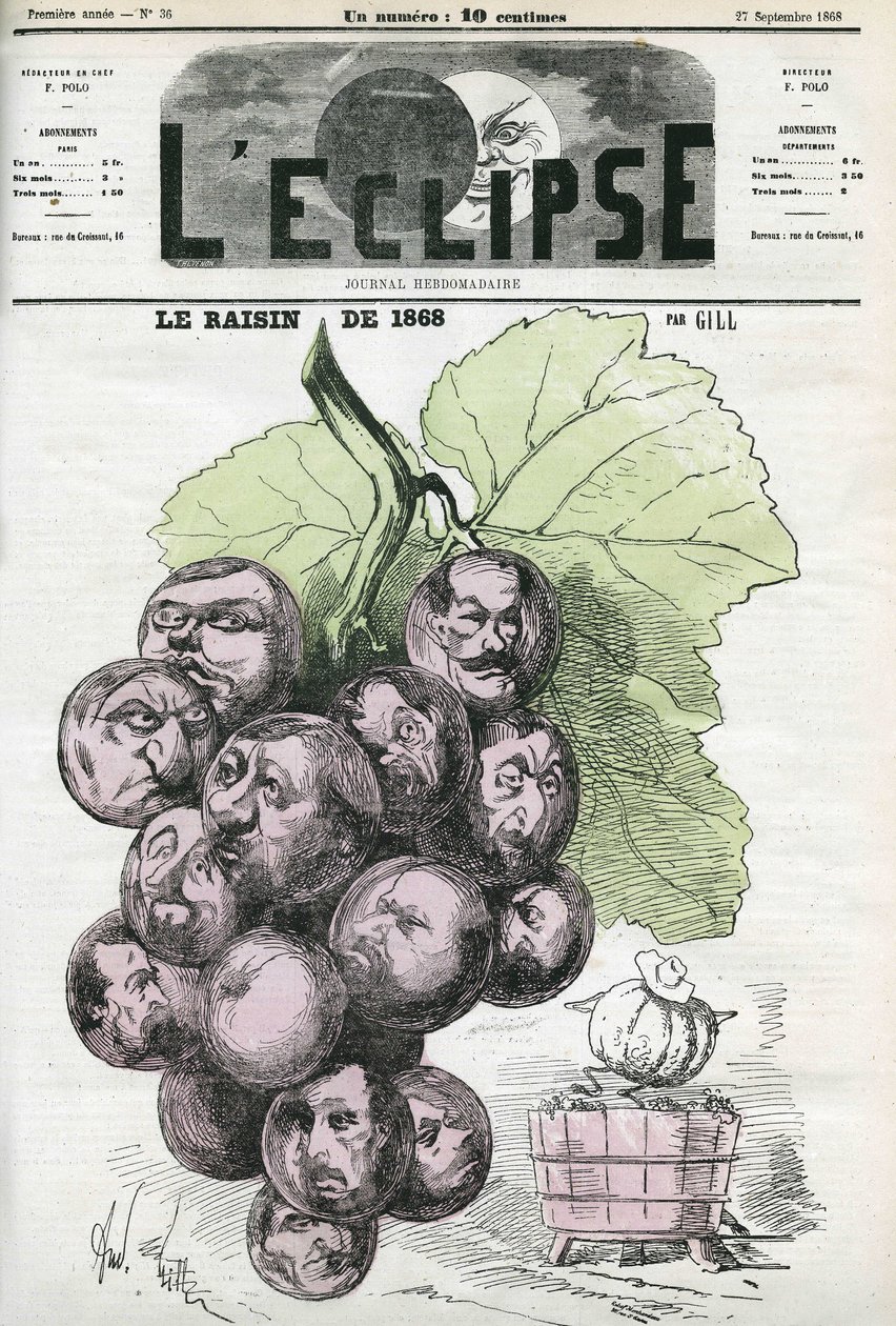عنب 1868 ، استحضار حصاد استثنائي. غلاف في "L'Eclipse" بقلم جيل ، 27 سبتمبر بواسطة أندرو جيل