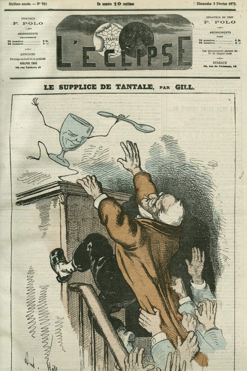 عذاب تانتالوس ، رسم كاريكاتوري لأدولف تيير (1798-1874) ، رجل دولة فرنسي. غلاف في "L'Eclipse" بقلم جيل ، 2 فبراير بواسطة أندرو جيل