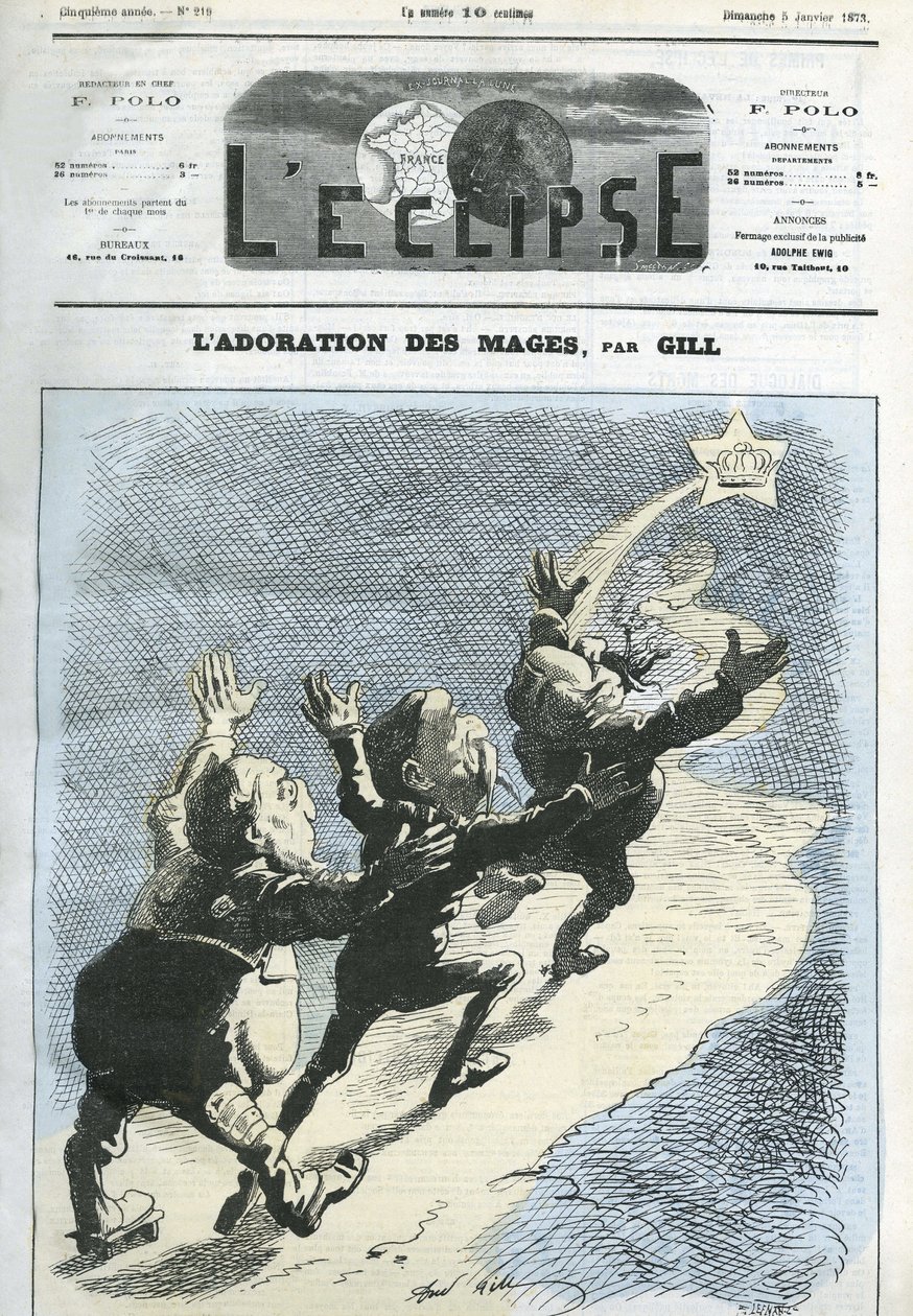 عشق المجوس ، دوق بروجلي (1821-1901) ، الرئيس ماك ماهون (1808-1893) ، هنري دارتوا (1820-1883) ، حاول العودة إلى الملكية. غلاف في "L'Eclipse" بقلم جيل ، 5 يناير بواسطة أندرو جيل