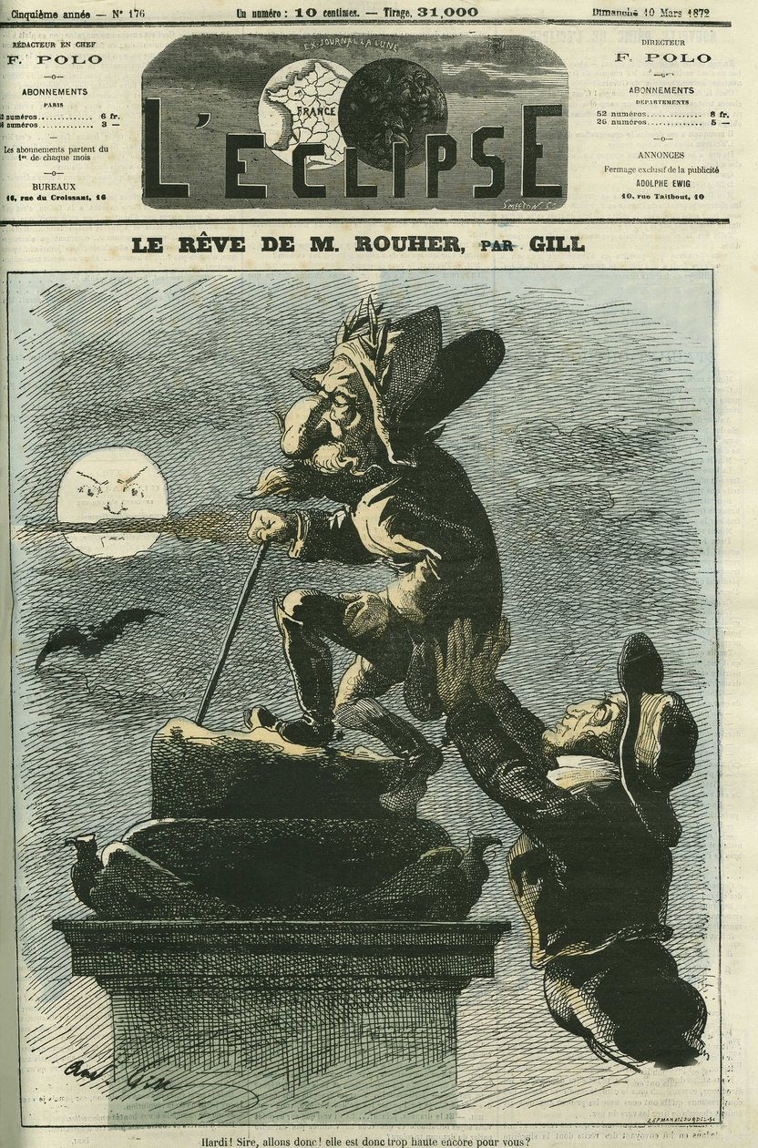 حلم روهر ، يوجين روهر (1814-1884) ، سياسي ووزير نابليون الثالث وزعيم الحزب البونابارتي ، يحلم بعودة نابليون الثالث. غلاف في “L'Eclipse” بقلم جيل ، 10 مارس بواسطة أندرو جيل