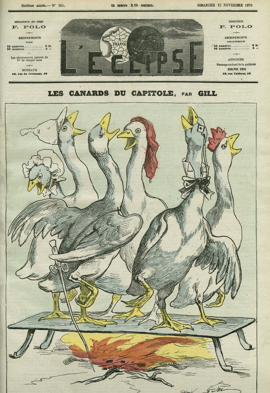 بط الكابيتول ، كاريكاتير لصحف "La Patrie" و "Le Constitutionnel" و "Le Pays" و "Le Figaro" و "Order" و "Le Gaulois" ". غلاف في “L'Eclipse” بقلم جيل ، 23 نوفمبر بواسطة أندرو جيل