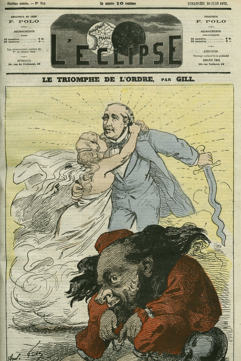 انتصار الأمر ، وهو رسم كاريكاتوري لجيل ، تم تعداده حسب الأمر الذي وضعه دوق برولي (1821-1901). غلاف في “L
