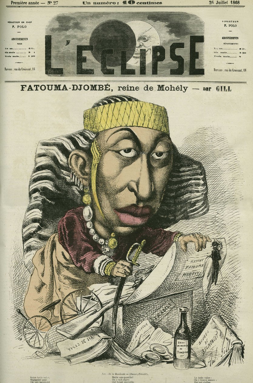 زومبي فاطوم (زومبي فاطوم) (1836-1878) ، ملكة موهيلي في جزر القمر ، زارت فرنسا عام 1868. وتسمى أيضًا بجمبي-فطومة (جمبي-فطومة) أو جومبي فطومة (جمبي-فطومة) أو جومبي فاطمة (جومبي) -فاطمة). غلاف في “L'Eclipse” بقلم جيل ، 26 يوليو بواسطة أندرو جيل