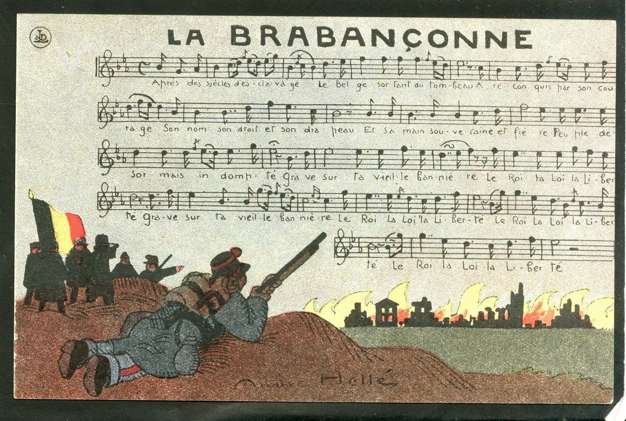 بطاقة بريدية، ساخرة بالألوان، حوالي عام 1915: لا برابانكون - حرب 14 -18، بلجيكا، أنشودة - رسم توضيحي للجنود بقلم أندريه هيلي (1875-1945) بواسطة أندريه هيل