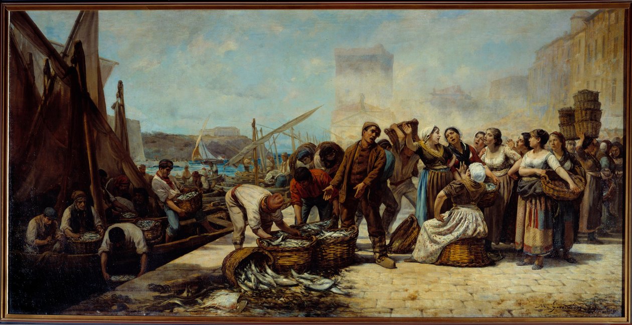 وصول الصيادين إلى Quai Saint Jean في مرسيليا لوحة بواسطة Andre Marius Guindon (1830-؟) مرسيليا القرن التاسع عشر ، متحف الفنون الجميلة بواسطة أندريه ماريوس جويندون