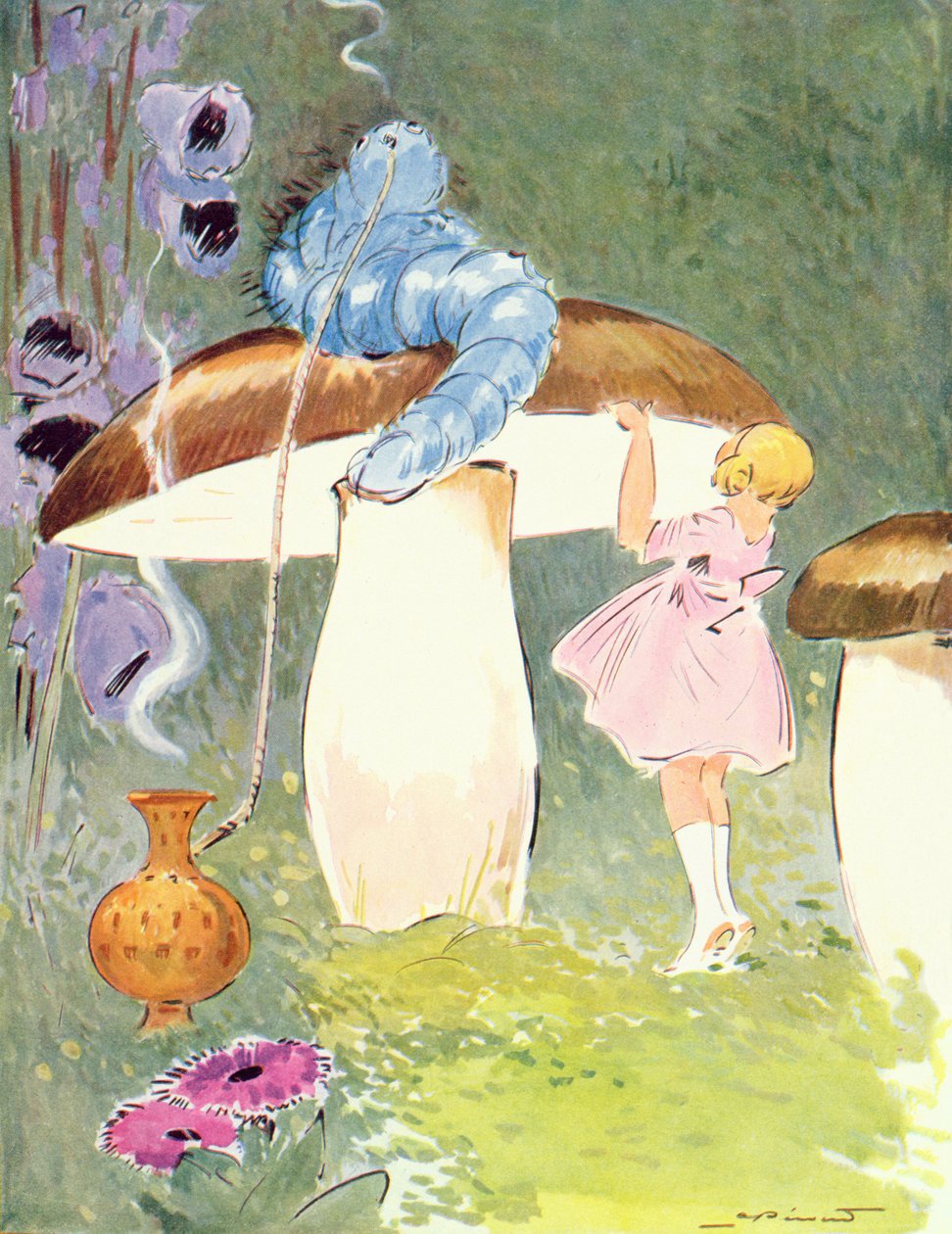 Alice and the Caterpillar ، رسم توضيحي من "Alice in Wonderland" ، نشرته Editions Delagrave ، باريس. 1935 (لون ليثو) بواسطة أندريه بيكود