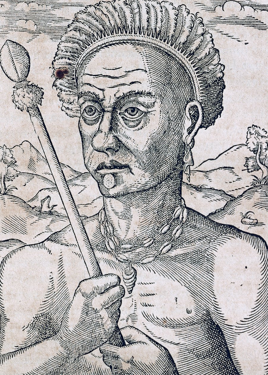 الملك Quoniambec ، البرازيل ، نقش من Universal Cosmology ، بواسطة Andre Thevet (1504-1592) ، باريس بواسطة أندريه ثيفت