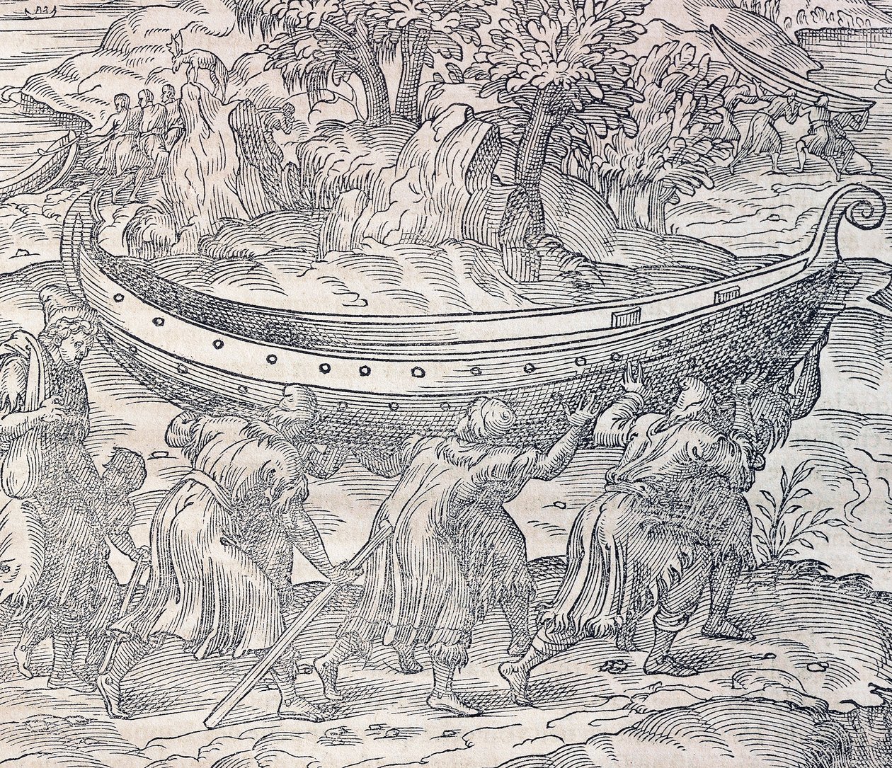 Laplanders يحملون قواربهم من مكان إلى آخر ، نقش من Universal Cosmology ، بواسطة Andre Thevet (1504-1592) ، باريس بواسطة أندريه ثيفت