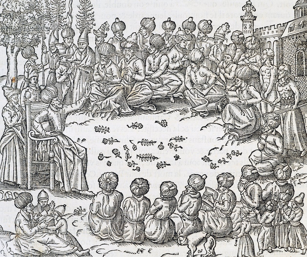 لقاء بين الأتراك والعرب ، المغرب ، نقش من Universal Cosmology ، بقلم Andre Thevet (1504-1592) ، باريس بواسطة أندريه ثيفت
