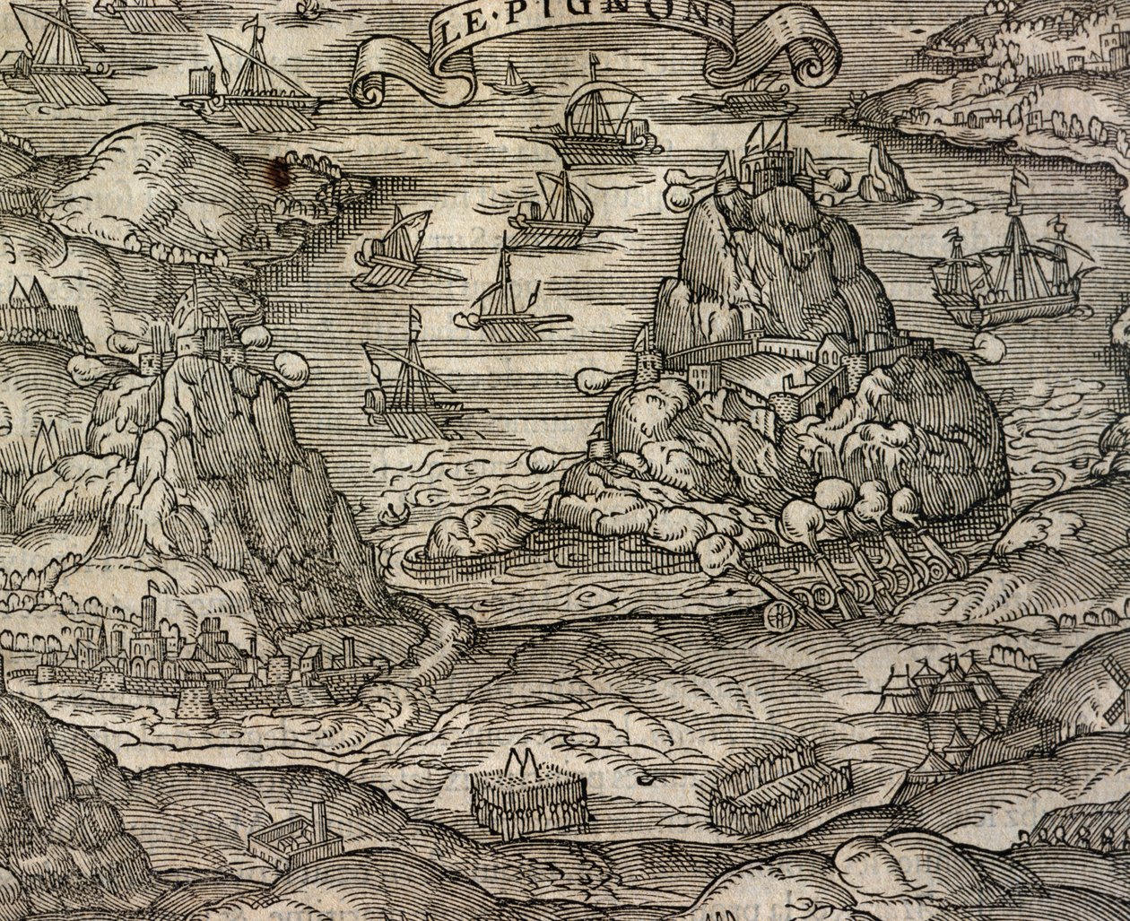 معركة بحرية بالقرب من جزيرة لو بينون ، نقش من Cosmographie universelle ، بواسطة Andre Thevet (1504-1592) ، باريس بواسطة أندريه ثيفت