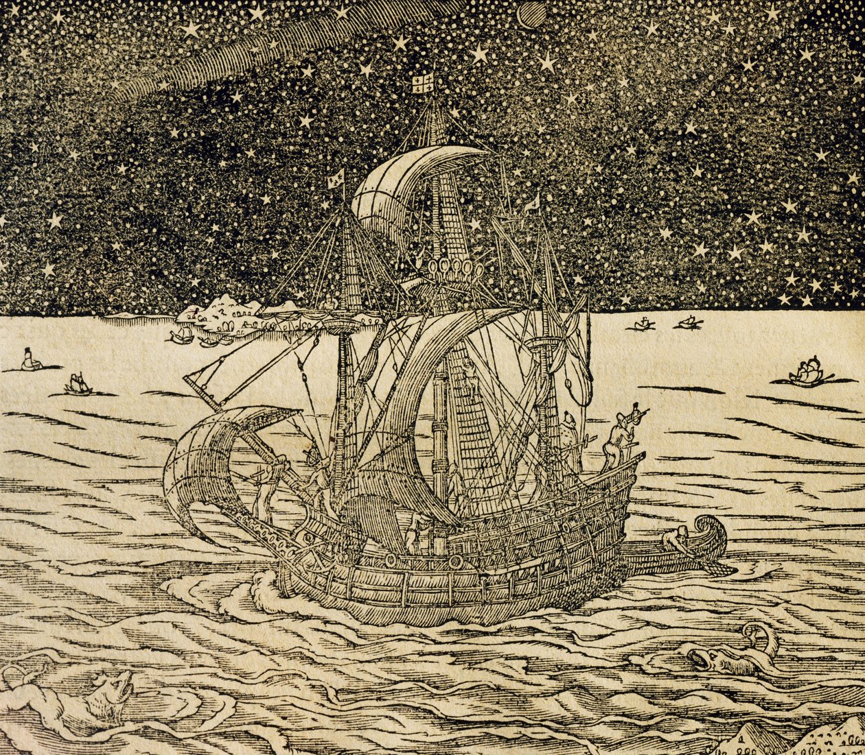 البحارة يتبعون الطريق الشمالي ، نقش من Universal Cosmology ، بواسطة Andre Thevet (1504-1592) ، باريس بواسطة أندريه ثيفت