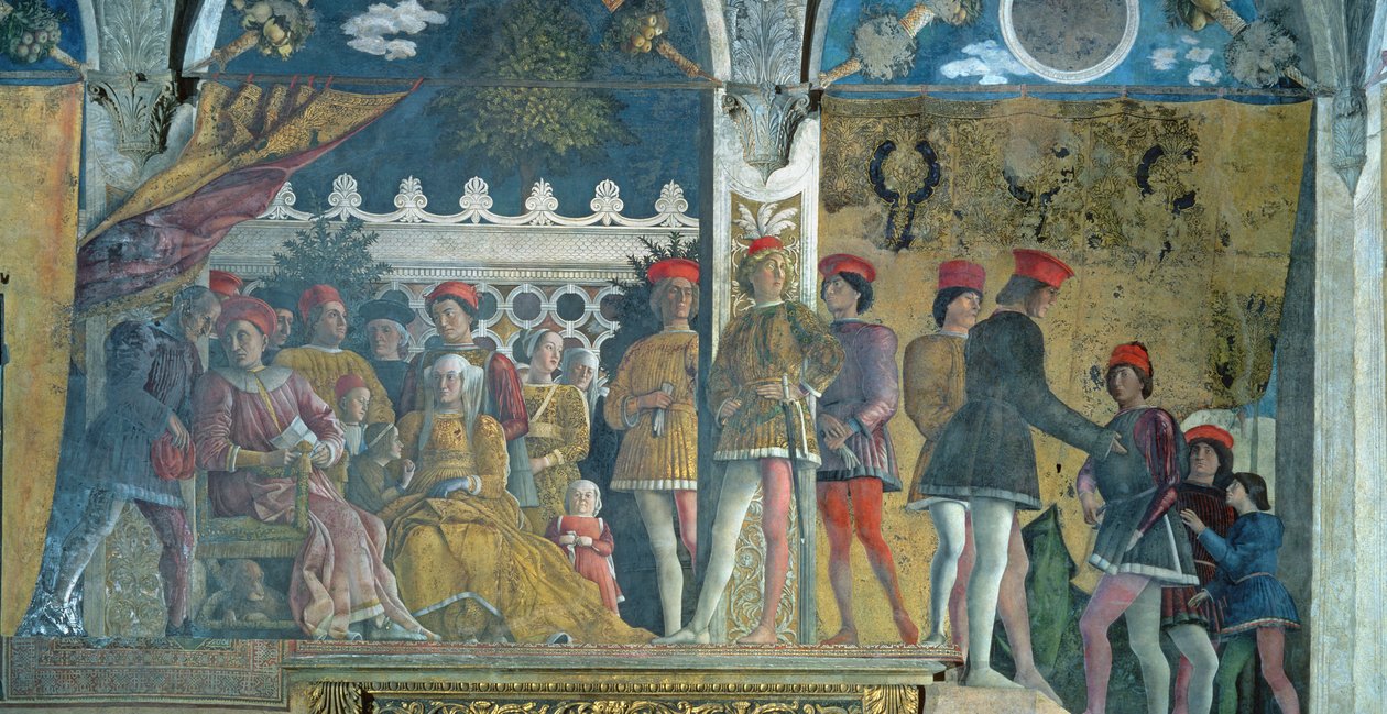 Marchese Ludovico Gonzaga III ، وزوجته Barbara of Brandenburg ، وأطفالهم ، وحاشيهم وكلبهم Rubino ، من الكاميرا degli Sposi أو Camera Picta ، 1465-1474 بواسطة أندريا مانتيجنا