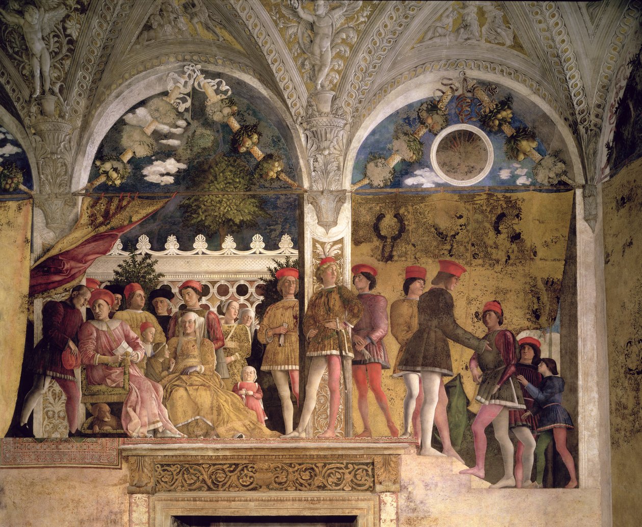 Marchese Ludovico Gonzaga III of Mantua (reg. 1444-78) ، وزوجته Barbara of Brandenburg ، والأطفال ، وحاكموهم وكلبهم Rubino ، من الكاميرا degli Sposi أو Camera Picta ، 1465-74 (التفاصيل بواسطة أندريا مانتيجنا