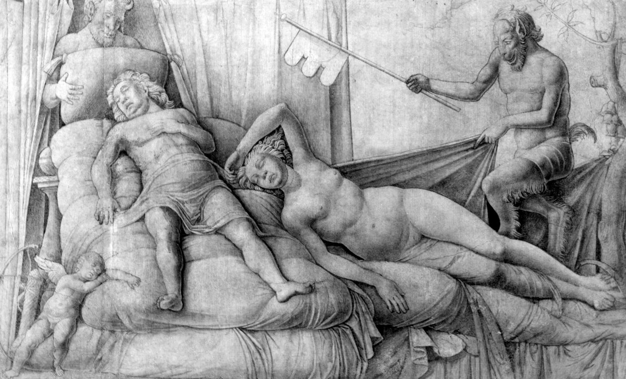امرأة عارية نائمة مع كيوبيد و Satyrs بواسطة أندريا مانتيجنا