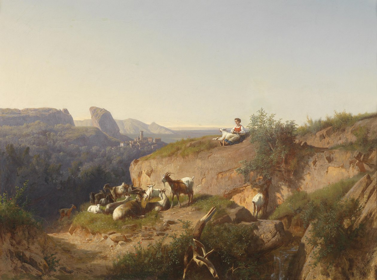 Goatherd مع القطيع على خلفية المناظر الطبيعية الإيطالية بواسطة أندرياس ماركو