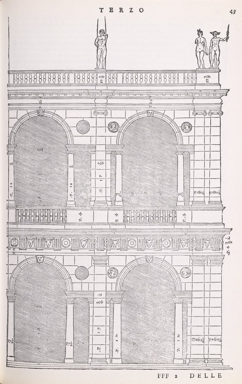 تفاصيل الارتفاع للبازيليكا في فيتشنزا ، رسم توضيحي من نسخة فاكس من I Quattro Libri dellArchitettura كتبها بالاديو ، نُشِر في الأصل عام 1570 بواسطة أندريا بالاديو