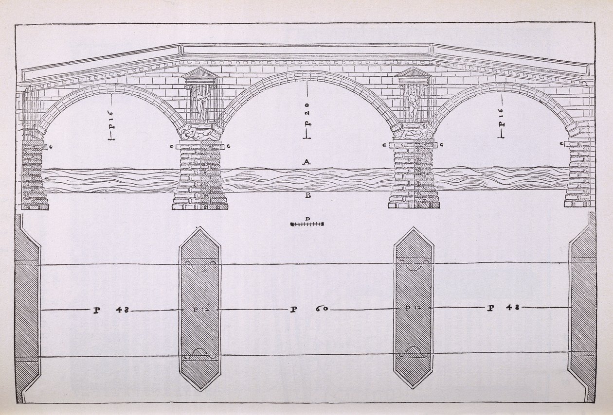 ارتفاع جسر ، صورة توضيحية من نسخة بالفاكس ل "I Quattro Libri dell&39;Architettura" بقلم بالاديو ، نُشر في الأصل عام 1570 بواسطة أندريا بالاديو