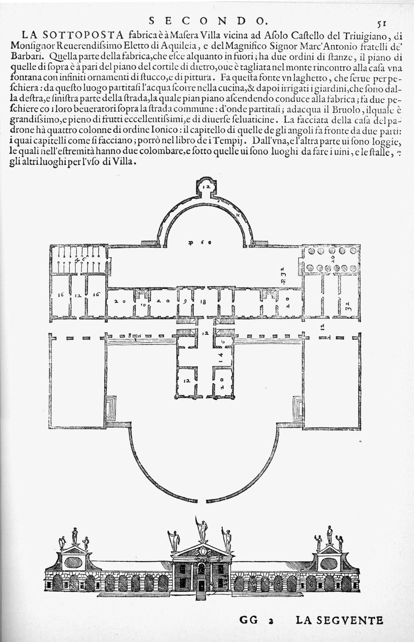 مخطط ورفع فيلا باربارو ، ماسير ، رسم توضيحي من نسخة طبق الأصل من "I Quattro Libri dell&39;Architettura" بقلم بالاديو ، نُشر في الأصل عام 1570 بواسطة أندريا بالاديو