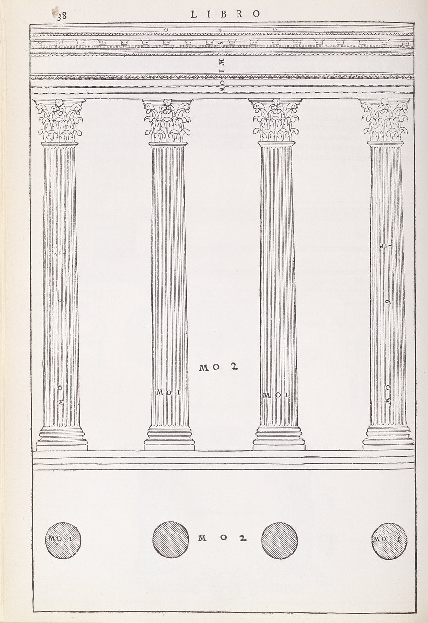الرهبنة الكورنثية ، رسم توضيحي من نسخة طبق الأصل من "I Quattro Libri dell&39;Architettura" بقلم بالاديو ، نُشر في الأصل عام 1570 بواسطة أندريا بالاديو
