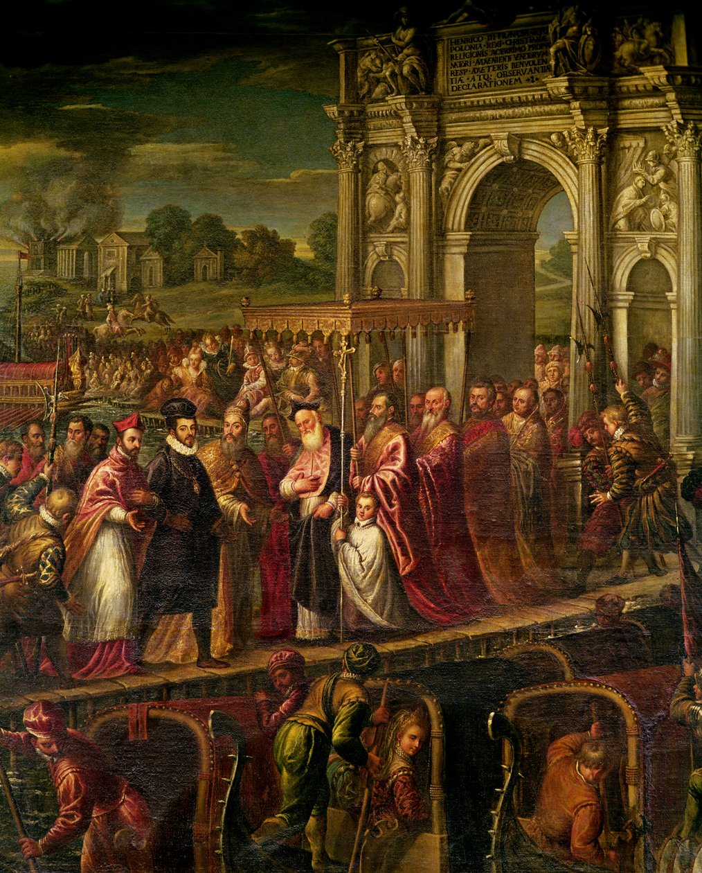 الملك هنري الثالث (1551-89) فرنسا يزور البندقية عام 1574 ، برفقة دوجي ألفيس موسينيجو (1570-1577) ويقابله البطريرك جيوفاني تريفيسان ، من غرفة الأبواب الأربعة بواسطة أندريا) فيسينتينو