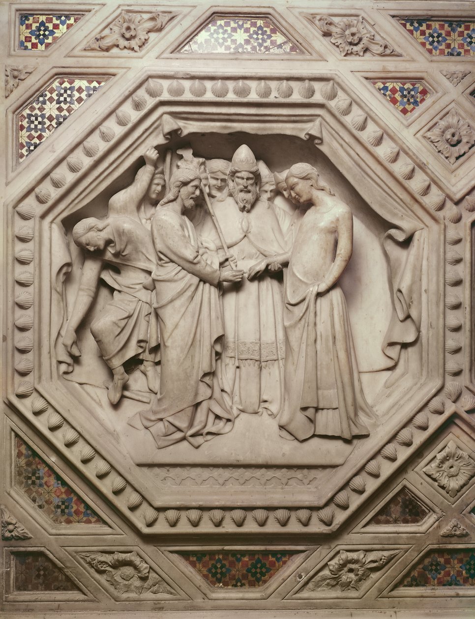 زواج العذراء ، التفاصيل من قاعدة الخيمة ، 1349-59 (رخام) بواسطة Andrea di Cione Orcagna