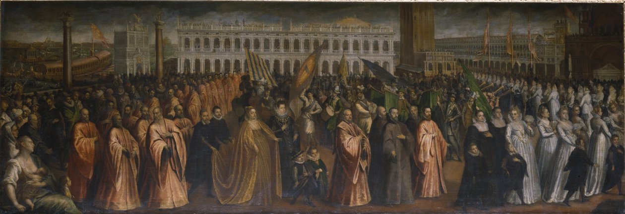 The Dogaressa Marina Morosini-Grimani leaving Palazzo Grimani for her coronation in the Palazzo Ducale, Venice بواسطة أندريا) فيسينتينو