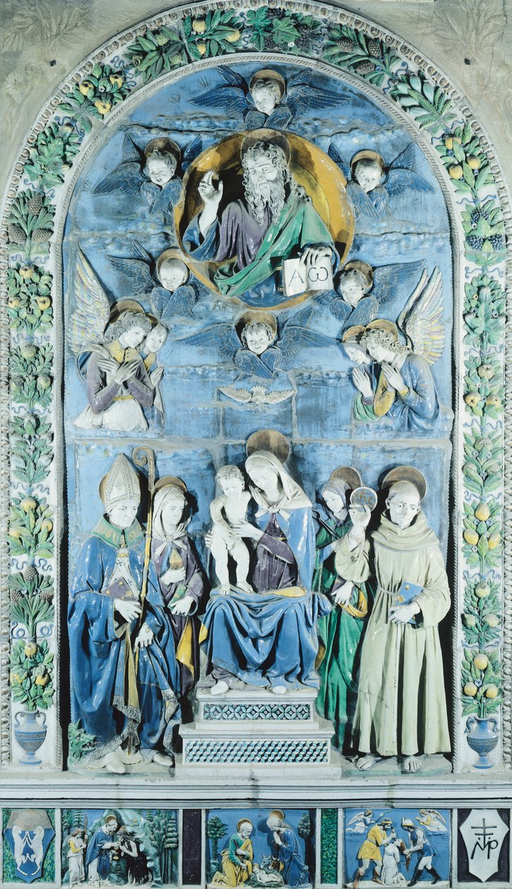 Madonna and Child with four saints, in Italy, Arezzo, Cathedral (ceramic) بواسطة أندريا (ورشة عمل) ديلا روبيا