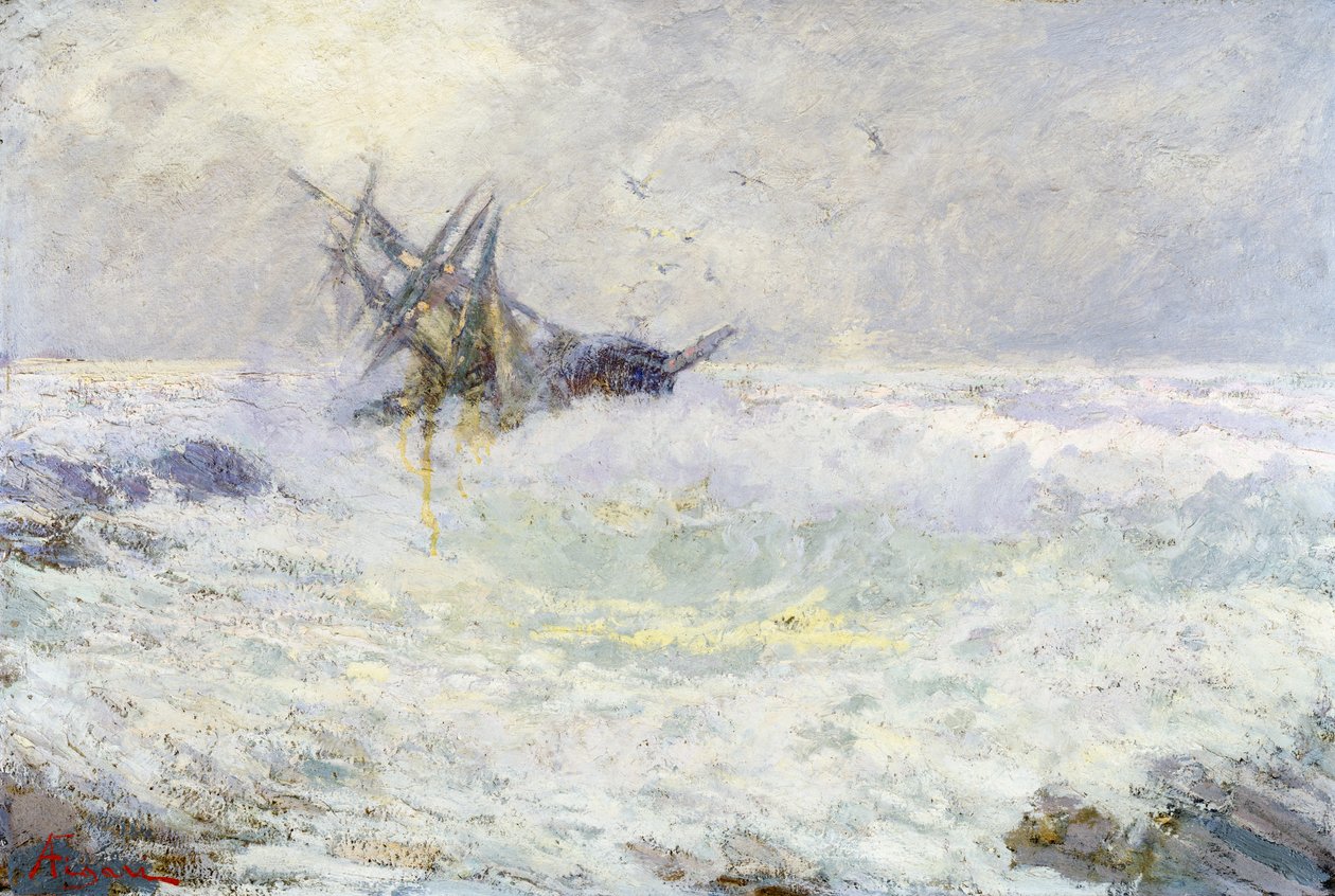 Stormy sea or Last kiss, by Andrea Figari (1858-1954), oil on cardboard, 72x105 cm. Italy بواسطة أندريا فيجاري
