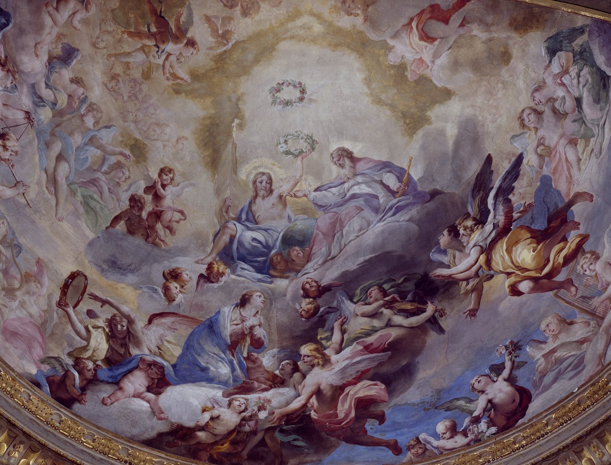تتويج العذراء ، لوحة جدارية رسمها أندريا لانزاني (1641-1712) عام 1699 من جوقة ملاذ إنكوروناتا ، لودي. إيطاليا بواسطة أندريا لانزاني