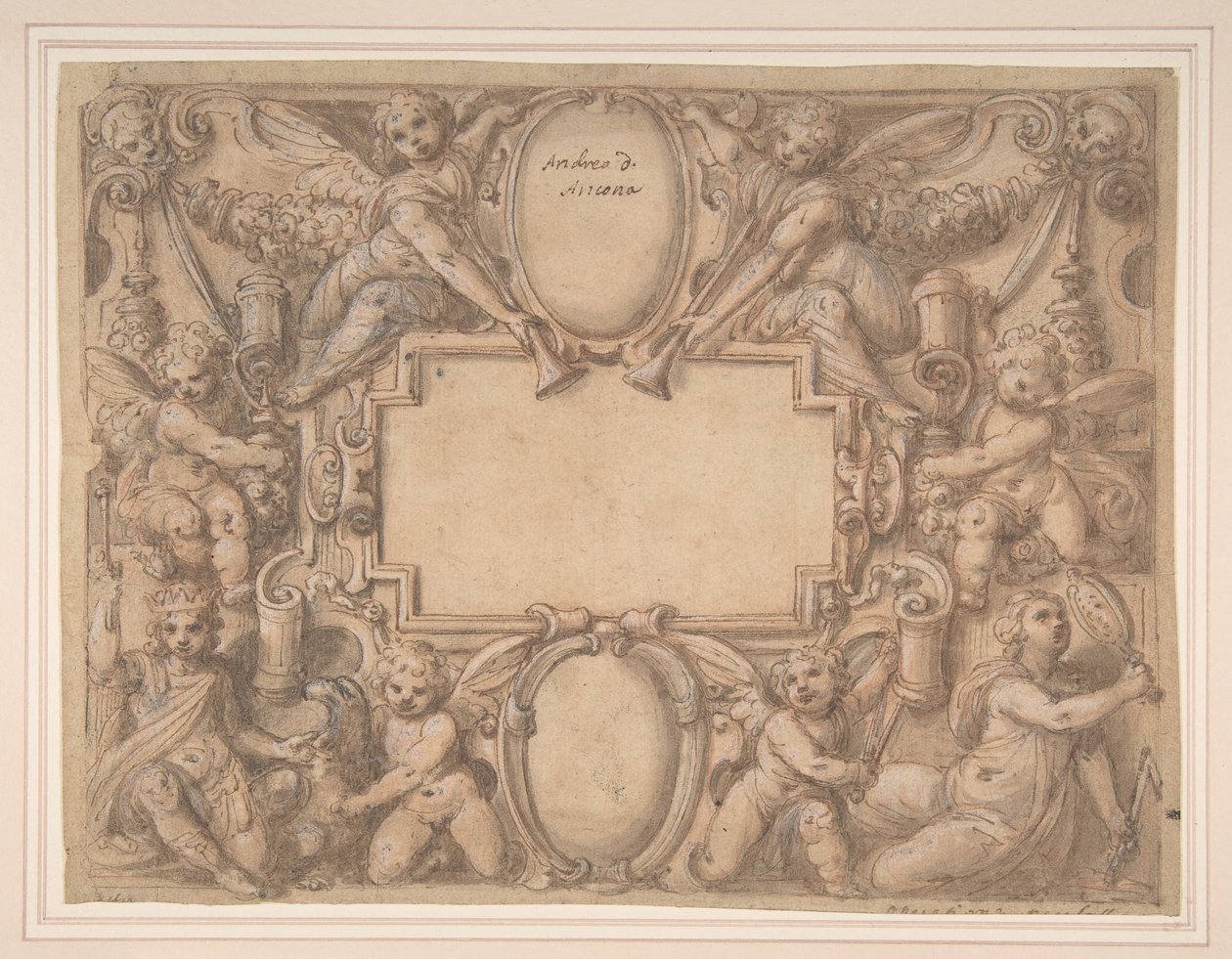 خرطوش ودرعان محاطان بأشكال مجازية ، 1570-1631. بواسطة أندريا ليلي
