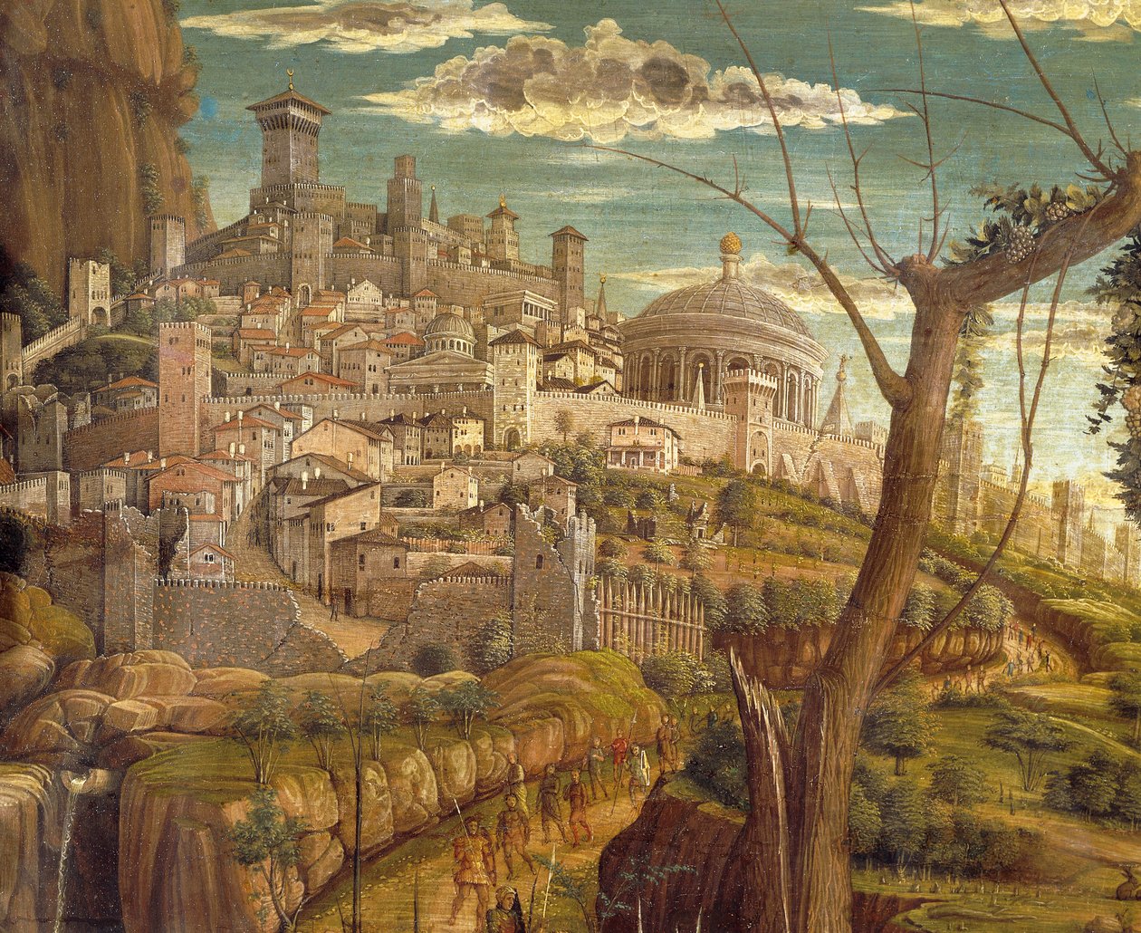 عذاب في الحديقة لأندريا مانتيجنا (1431-1506) ، تمبرا على الخشب ، 71 × 94 سم ، منظر تفصيلي للقدس بواسطة أندريا مانتيجنا