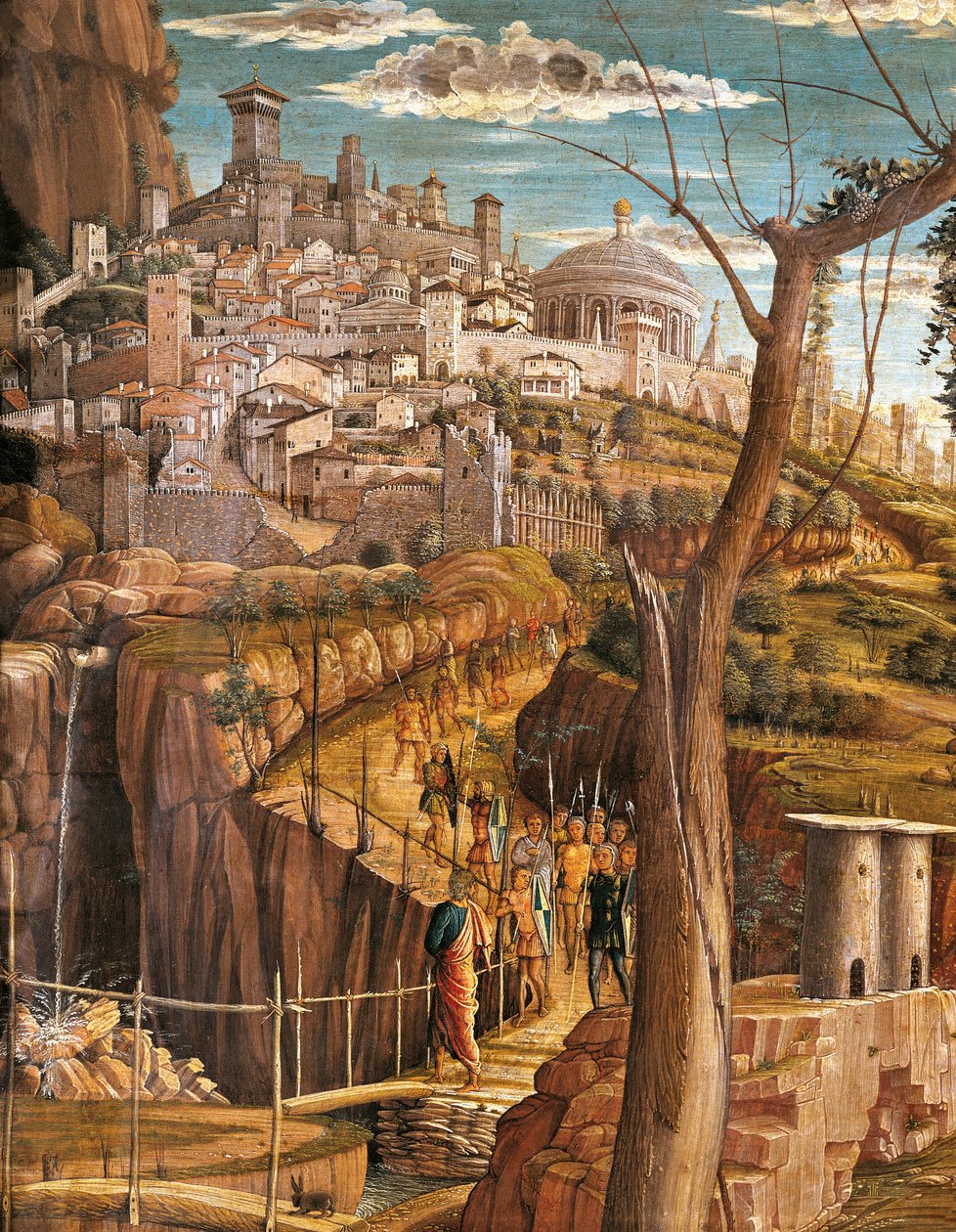 عذاب في الحديقة لأندريا مانتيجنا (1431-1506) ، تمبرا على الخشب ، 71 × 94 سم ، منظر تفصيلي للقدس بواسطة أندريا مانتيجنا