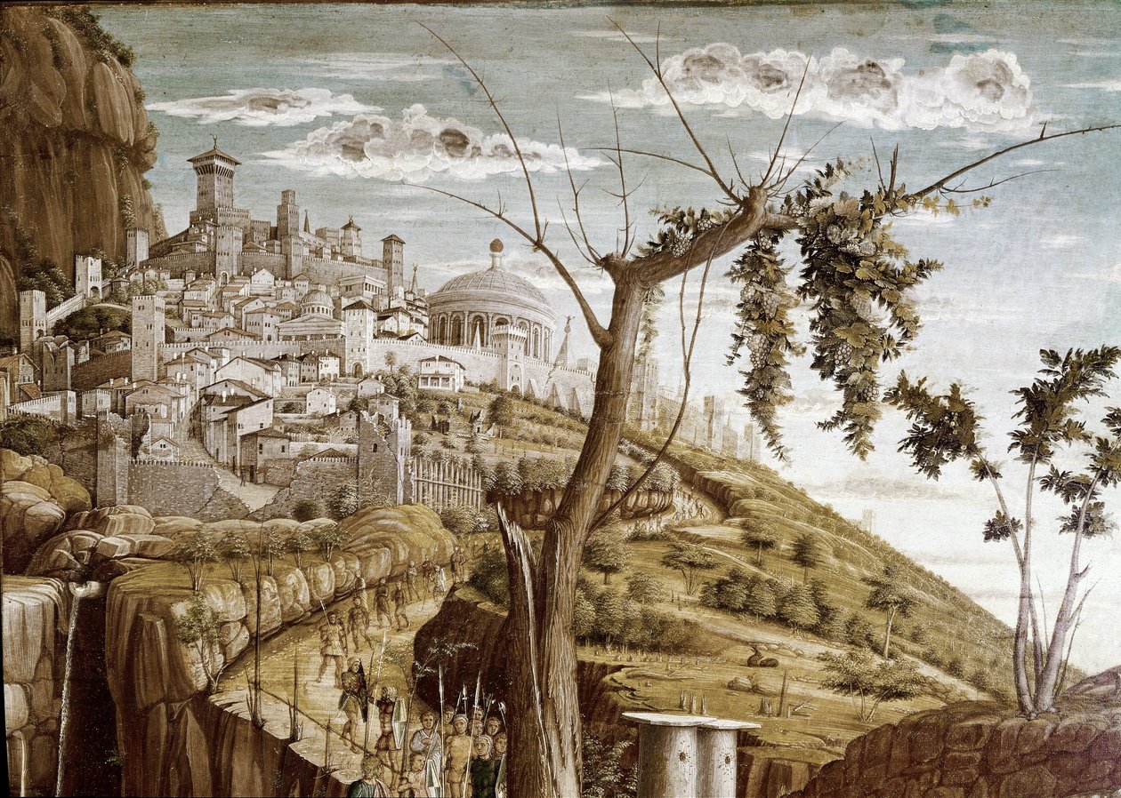 المسيح يصلي في حديقة أشجار الزيتون ، الجزء الأيسر من بريديلي ، مذبح سان زينو (تمبرا على الخشب ، 1457-1460) بواسطة أندريا مانتيجنا