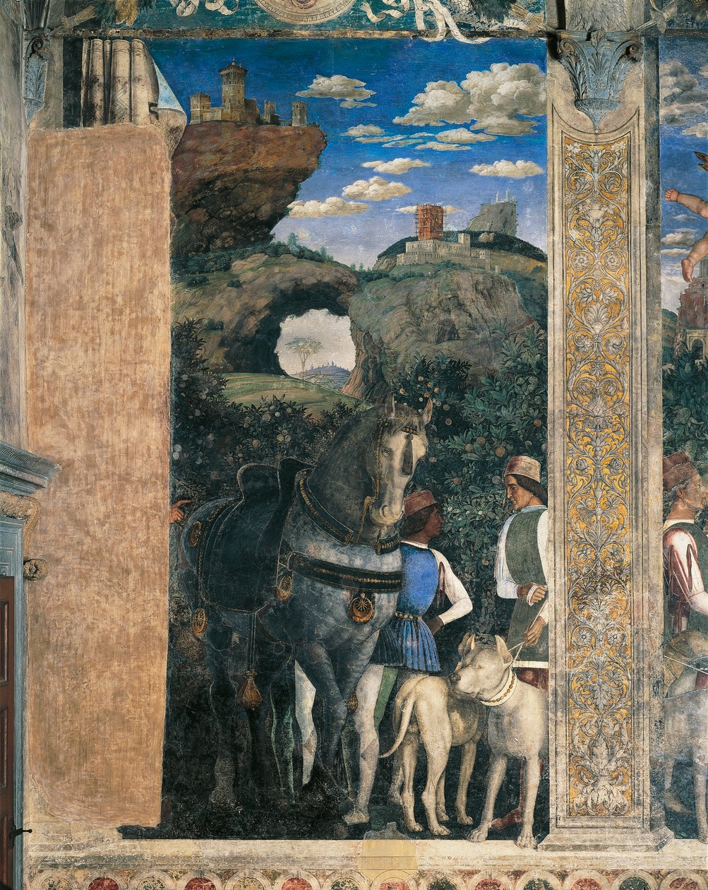 الحصان ، الدرواس والعرسان من الكونت لودوفيكو غونزاغا ، تفاصيل من Meeting Wall ، بواسطة Andrea Mantegna (1431-1606) ، لوحة جدارية ، قلعة سان جورجيو ، غرفة الزفاف أو كاميرا Picta ، مانتوا ، 1465-1474 بواسطة أندريا مانتيجنا