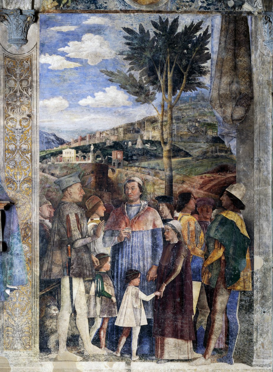 L. Gonzaga, his sons Cardinal Francesco Gonzaga, Federico I Gonzaga, Francesco, Sigismondo, on right, Holy Roman Emperor Frederick III, Christian I of Denmark, Meeting wall, detail (fresco) بواسطة أندريا مانتيجنا