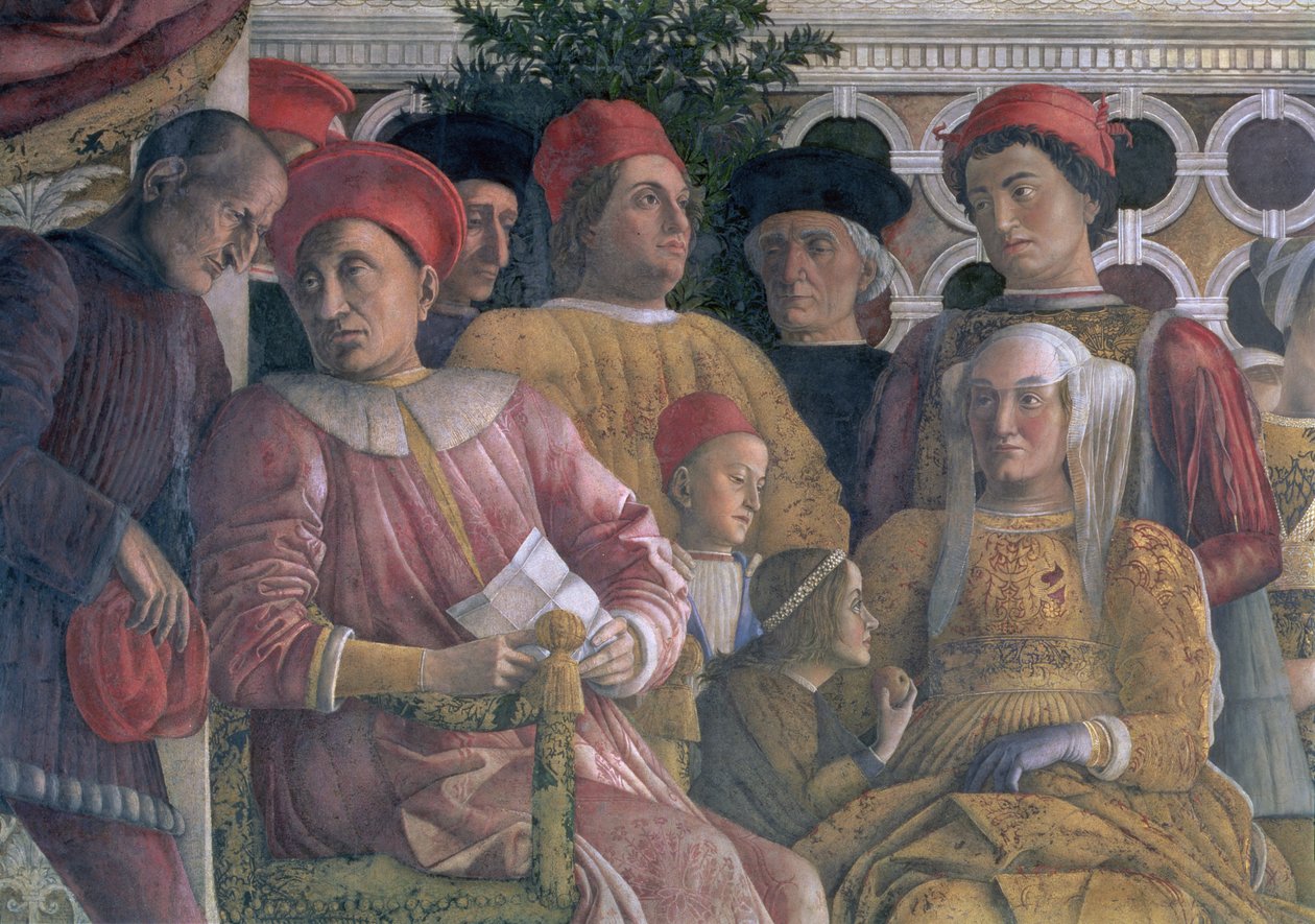 حكم مارشيز لودوفيكو غونزاغا الثالث من مانتوا عام 1444-1478 ، وزوجته باربرا من براندنبورغ ، الأطفال وحاشيتهم ، من الكاميرا degli Sposi أو Camera Picta ، 1465-1474 تفاصيل جدارية من 78449 بواسطة أندريا مانتيجنا