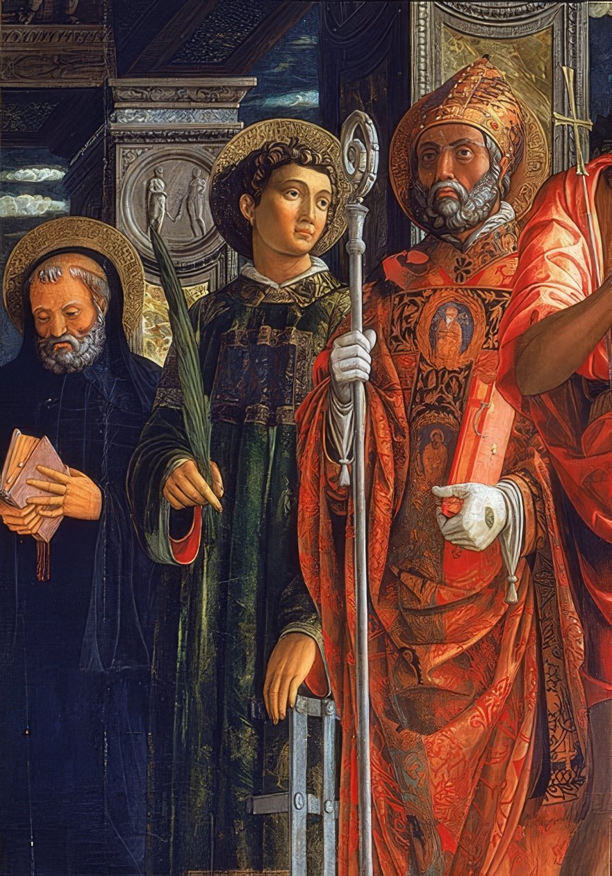 سان زينو مذبح. تفاصيل الجانب الأيمن. 1457-1460. تظهر التفاصيل أوغسطين فون هيبو ، لورنتيوس فون روم وبينيديكت فون نورشيا بواسطة أندريا مانتيجنا