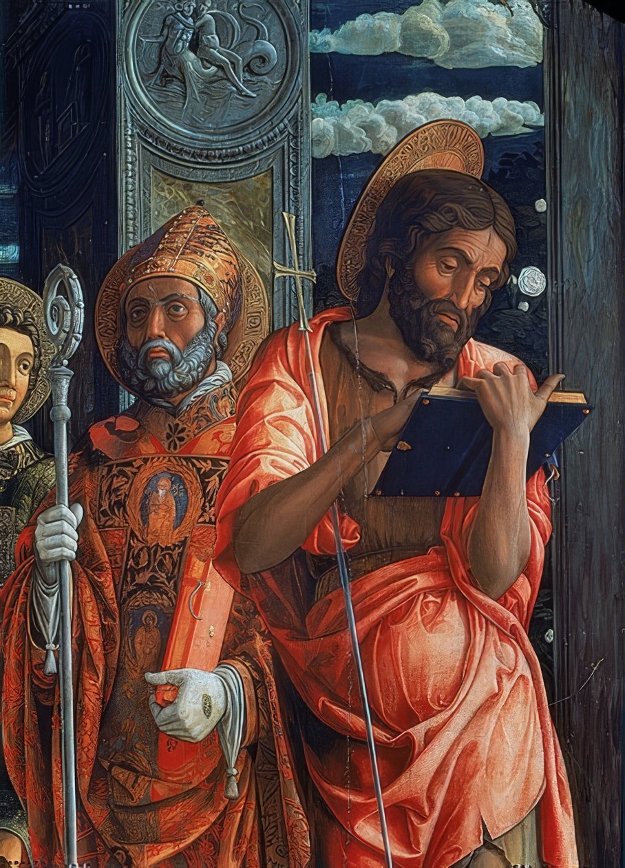 سان زينو مذبح. تفاصيل الجانب الأيمن. 1457-1460. تظهر التفاصيل يوحنا المعمدان وأوغسطين من فرس النهر بواسطة أندريا مانتيجنا