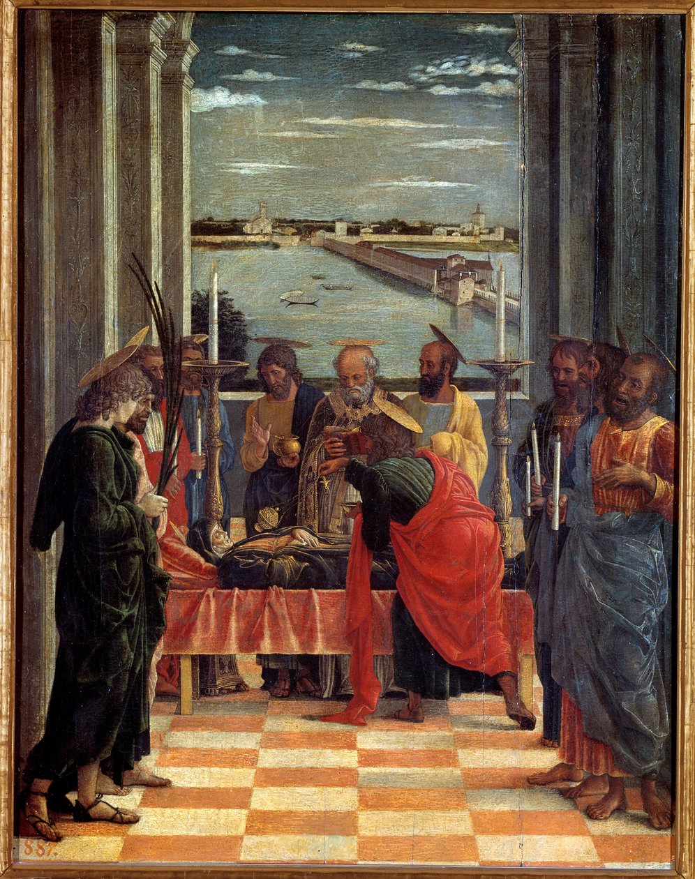 The Death of the Virgin Painting by Andrea Mantegna (1431-1506) 1461 Sun. 0,54x0,42 m Madrid, Prado Museum - The Death of the Virgin. Painting by Andrea Mantegna (1431-1506) بواسطة أندريا مانتيجنا