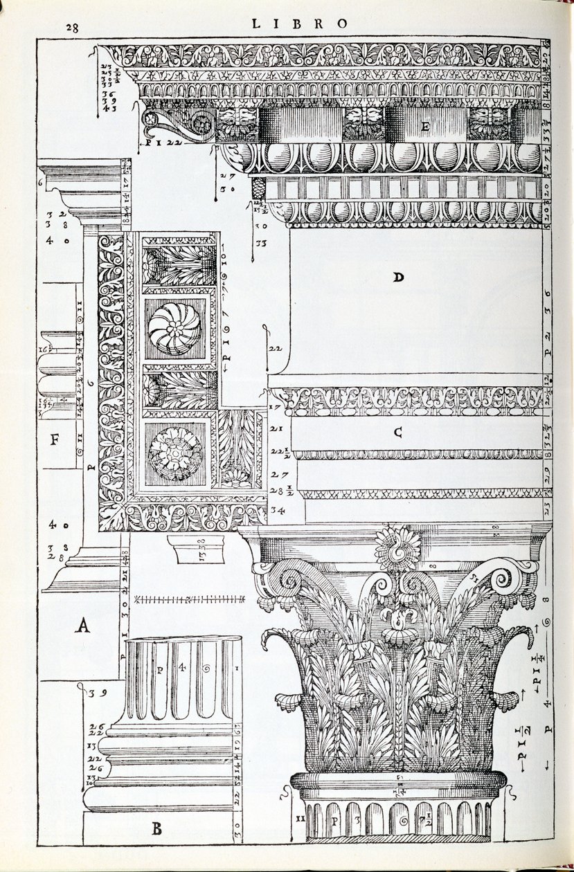 تفاصيل زخرفية من Tempio of Trajan ، توضيح من نسخة فاكس من "I Quattro Libri dell&39;Architettura" كتبها بالاديو ، نُشِر في الأصل عام 1570 بواسطة أندريا بالاديو